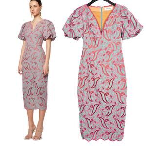 NWOT Elliat Puff Sleeve fitted Midi Dress Pink and Teal Eyelet Deep V Size: M